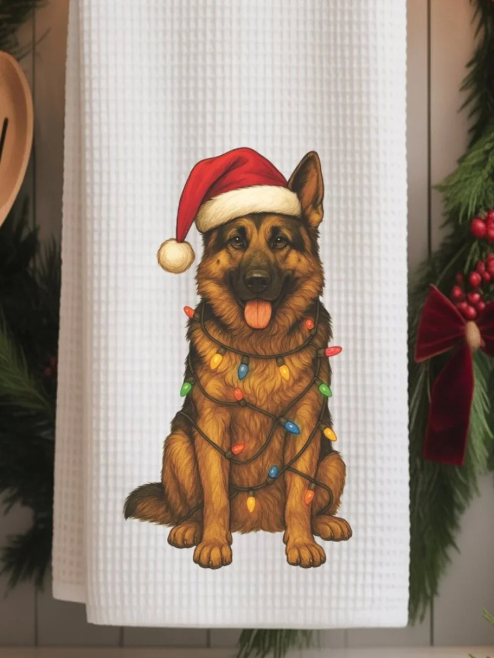 German Shepherd Christmas Lights Decorative Kitchen Tea Towel